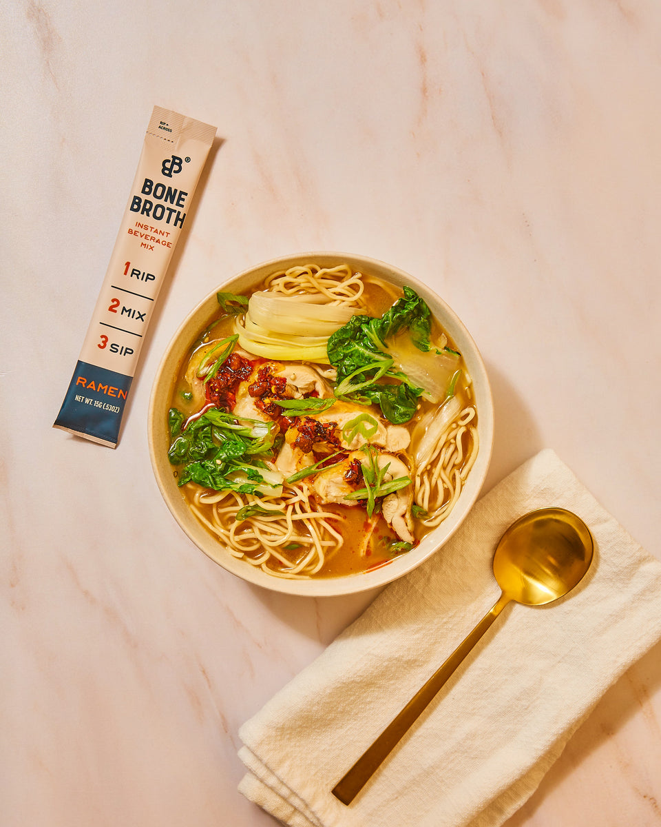 Brothy Noodle Bowl with Crispy Chicken and Bok Choy Bare Bones