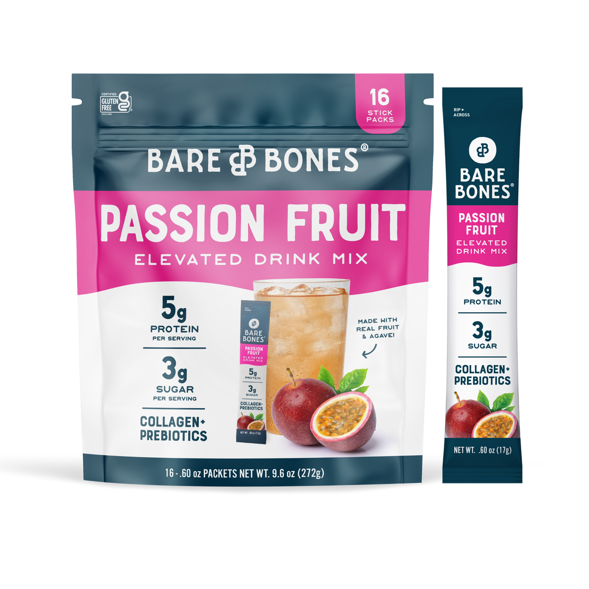 Bare Bones Elevated Drink Mix™ Passion Fruit flavor — 16 stick pack packaging