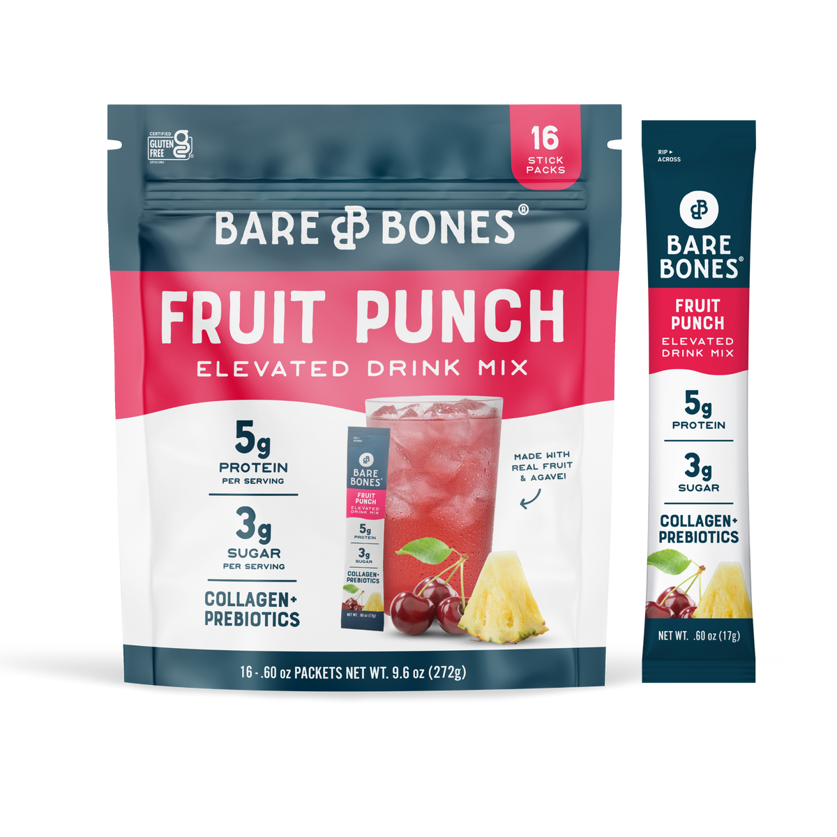 Bare Bones Elevated Drink Mix™ Fruit punch flavor — 16 stick pack packaging