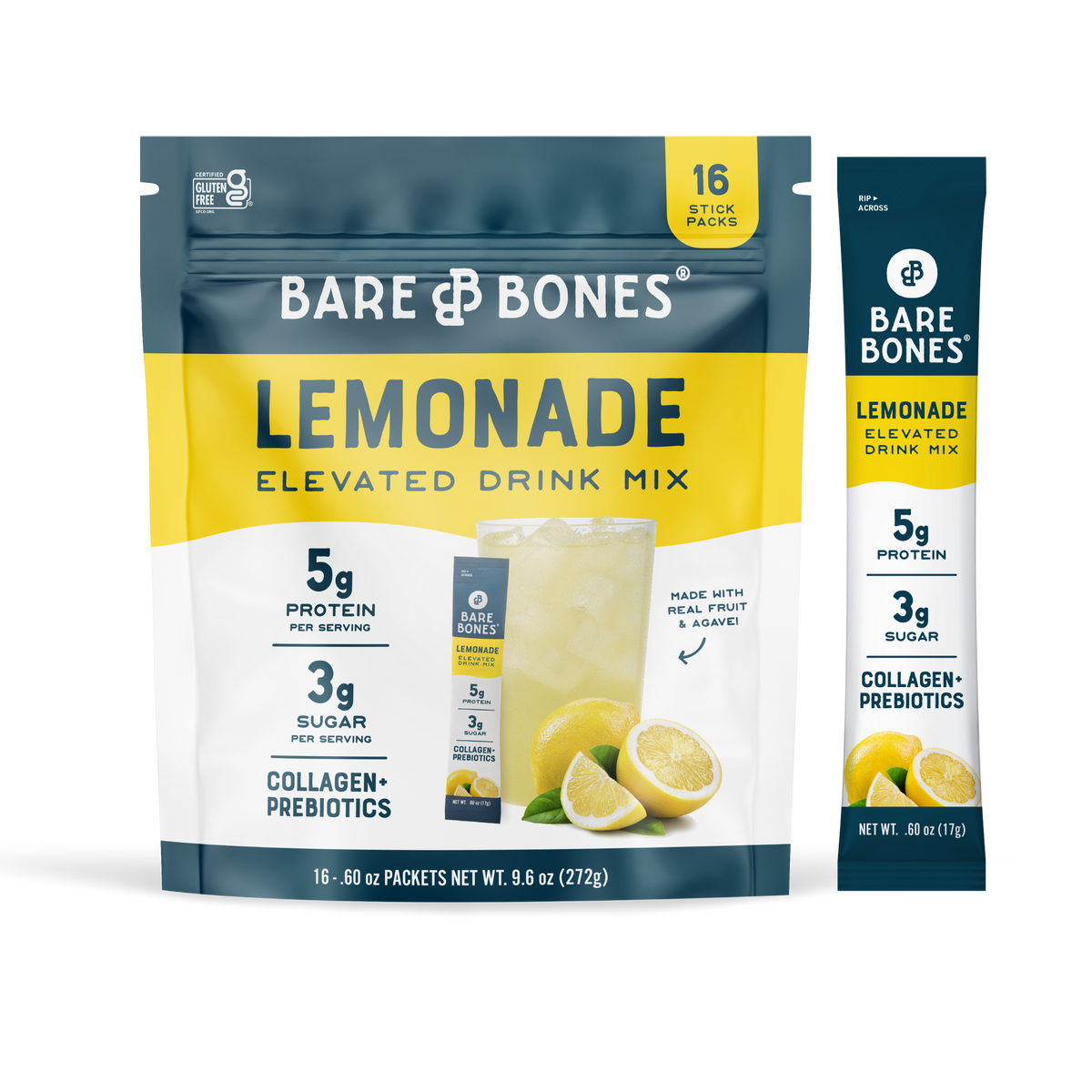 Bare Bones Elevated Drink Mix™ Lemonade flavor — 16 stick pack packaging