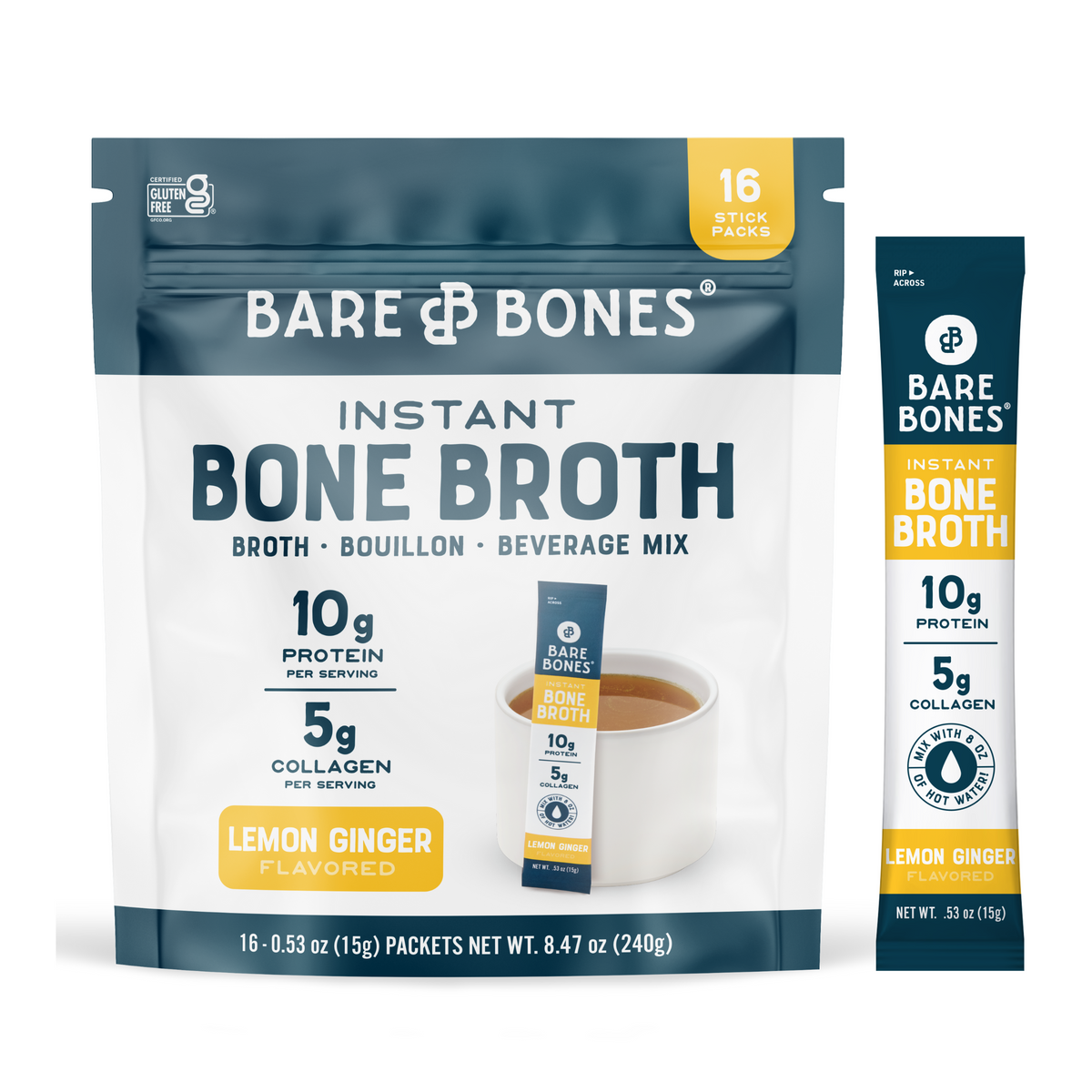 Bare Bones Instant Lemon Ginger Bone Broth 16-count package — rich and savory broth mix