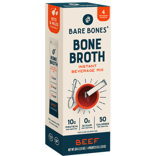bare bones instant beef bone broth 4ct pantry pack front. flavor:Beef